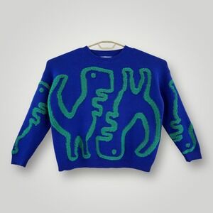 Threaded Leaf Dinosaurs Sweater Womens S Oversized Blue Green Textured Pullover